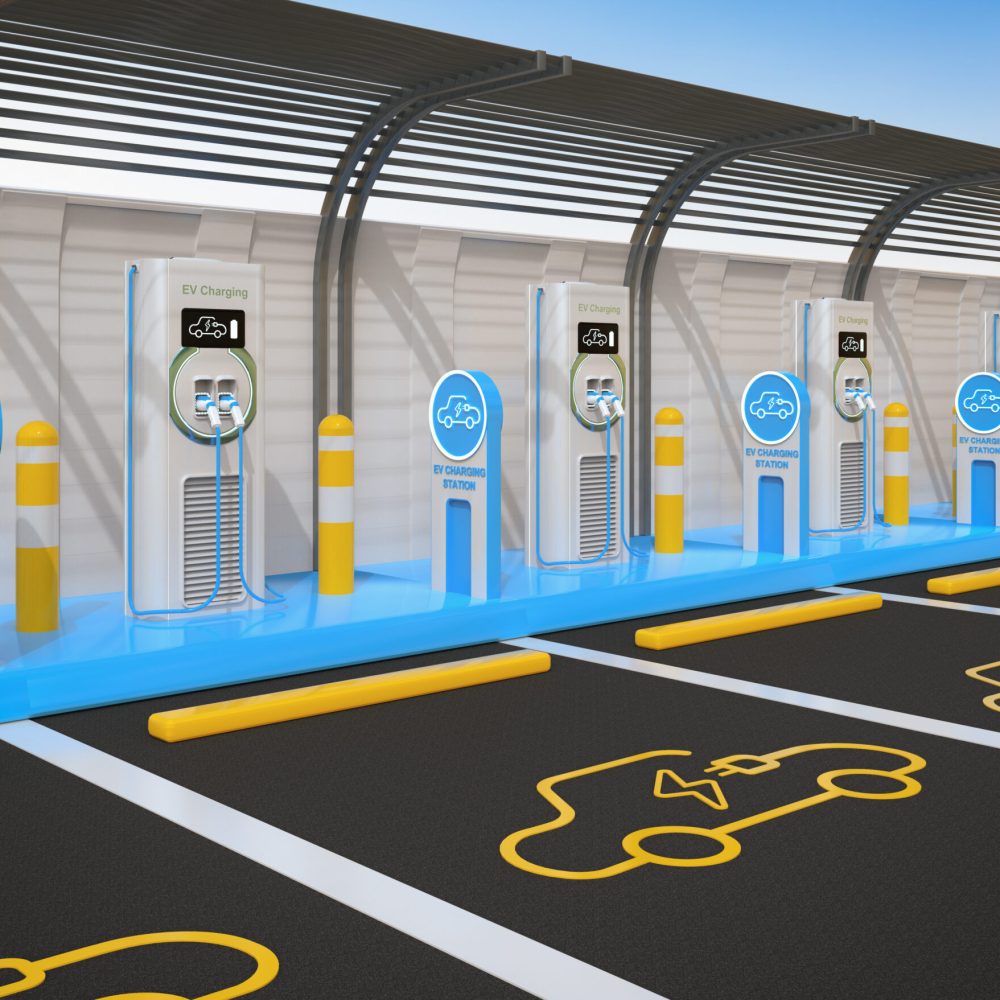 3d rendering group of EV charging stations or electric vehicle recharging stations with parking lots